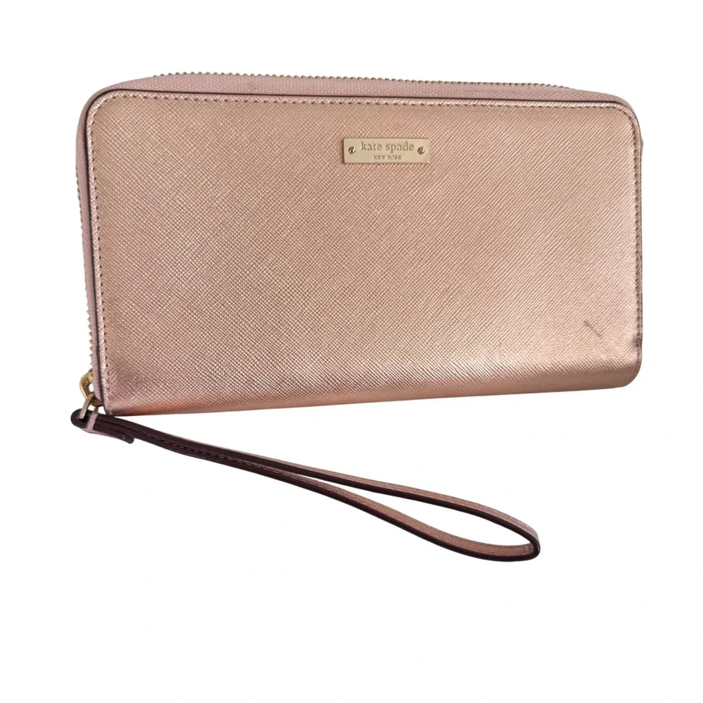 Kate Spade Neda Wristlet Wallet‎ Zip Around Metallic Rose Gold Clutch 8x4